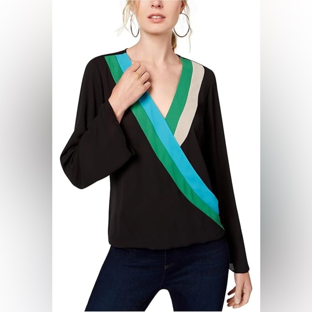 INC International Concepts Black Green and Cream Wrap Blouse